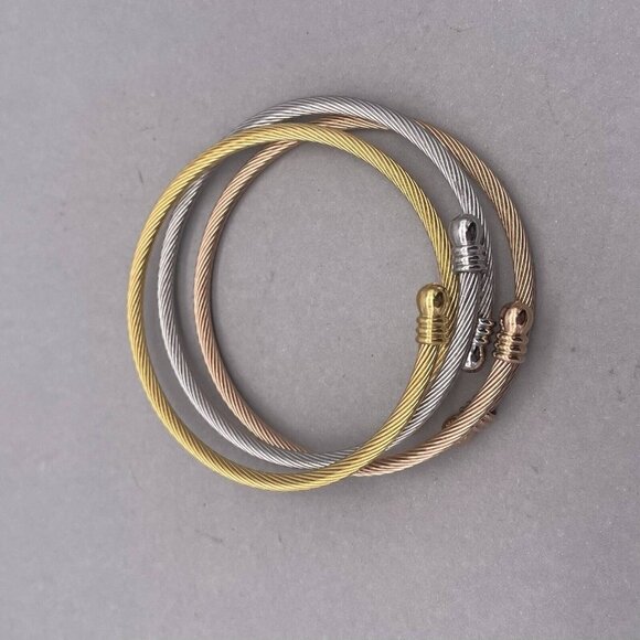 Set of Three Cuff Bangle Bracelet Silver Gold and Rose Gold Tone Stackable - Picture 4 of 5